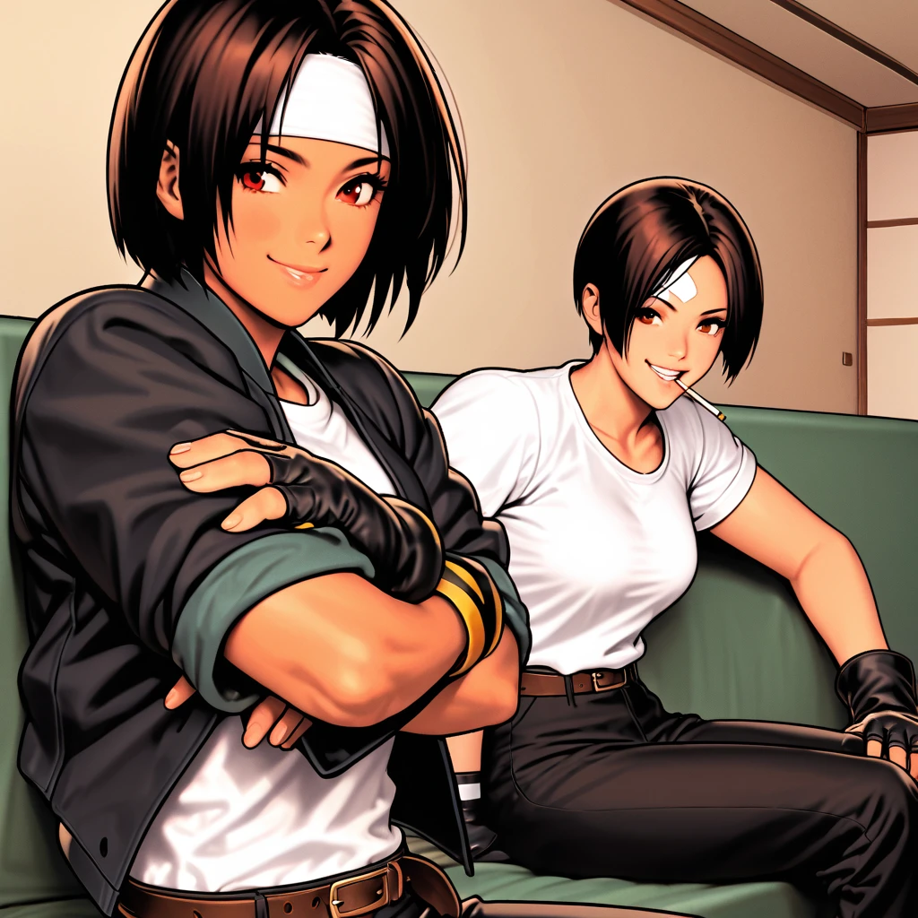 Single,Female,Short-cut,Dark hair,Dark skin,Red eyes,Slightly oversized breasts, ((black jacket with rolled up arms)),(fingerless gloves), white T-shirt, ((white headband on forehead)), black long pants, white shoes, brown belt, cute, indoor-oriented, charming, top quality, neat face, neat black eyes, sitting on the sofa, relaxing, (smoking in her mouth), beautiful Japanese girl, smiling and laughing. Her eyes are wide open, her gaze is slightly downward, and her mouth is half open,