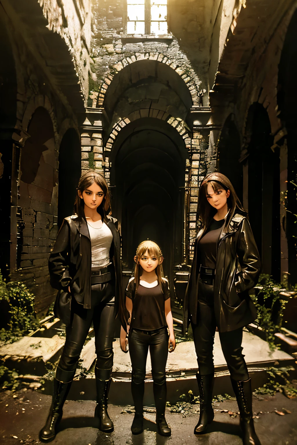 two fifteen-year-old girls and a nine-year-old girl explore a ruined abbey, dark atmosphere, spooky place, darkness, eerie shadows, ancient ruined medieval frescoes on the walls, wearing trousers and boots