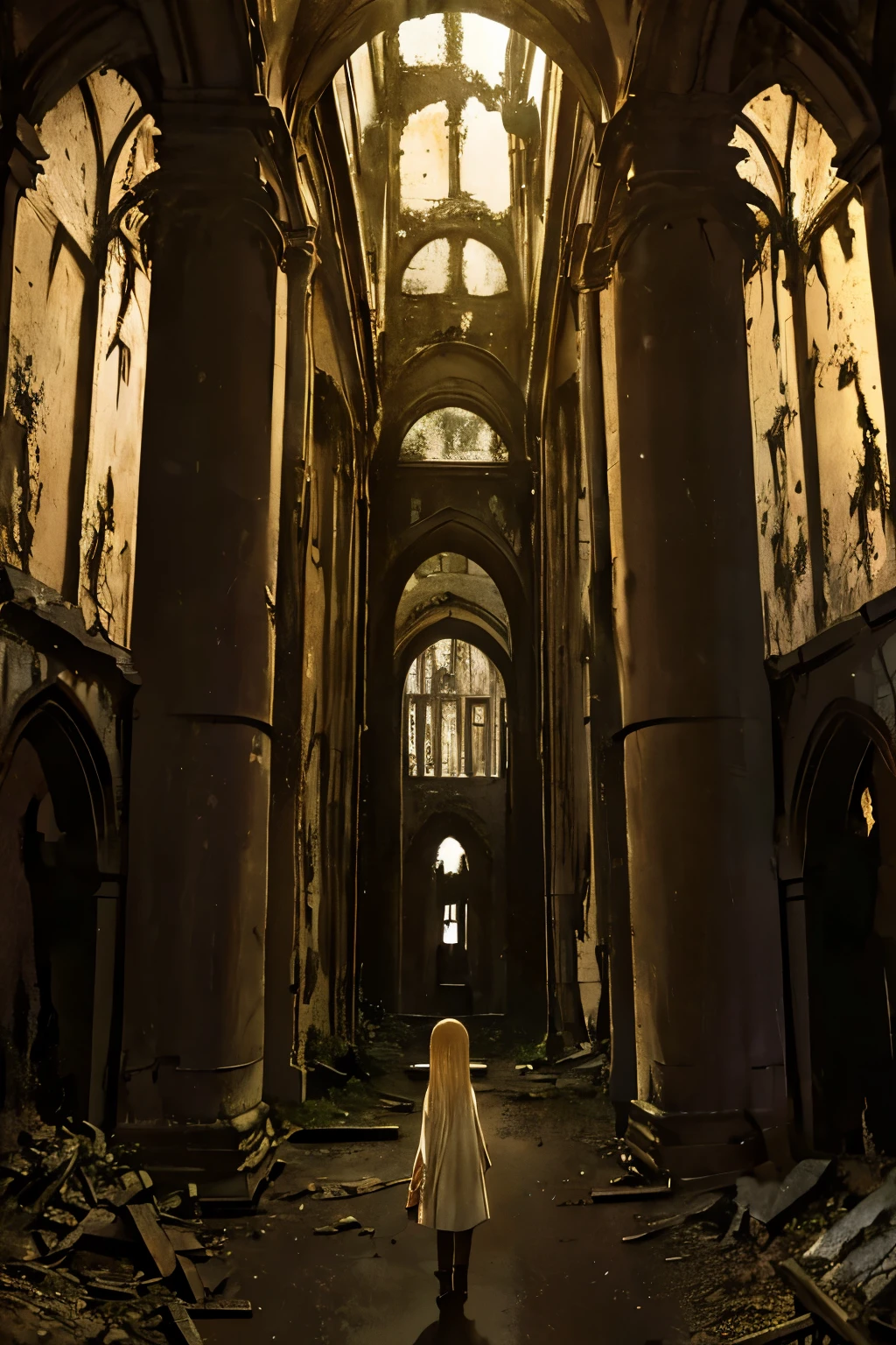 two fifteen-year-old girls and a nine-year-old girl explore a ruined abbey, dark atmosphere, spooky place, darkness, eerie shadows, ancient ruined medieval frescoes on the walls, wearing trousers and boots