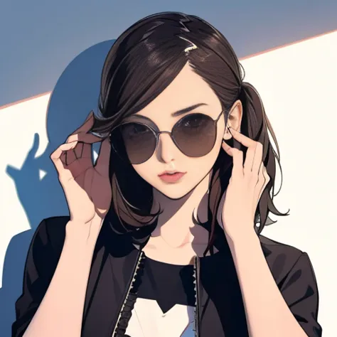 a girl , one sunglasses , wear sunglasses on your head, no sunglasses on face, no shadows on face, high-quality, detailed