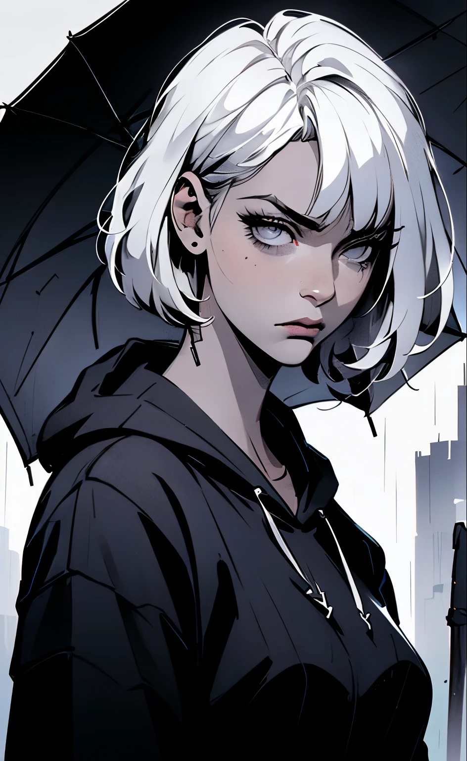 a girl with short white hair, grey eyes, wearing a black hoodie, standing in the rain, melancholic expression, holding an umbrella in her hand, detailed facial features, realistic lighting, cinematic composition, moody atmosphere, hyper-realistic, 8k, highly detailed, masterpiece