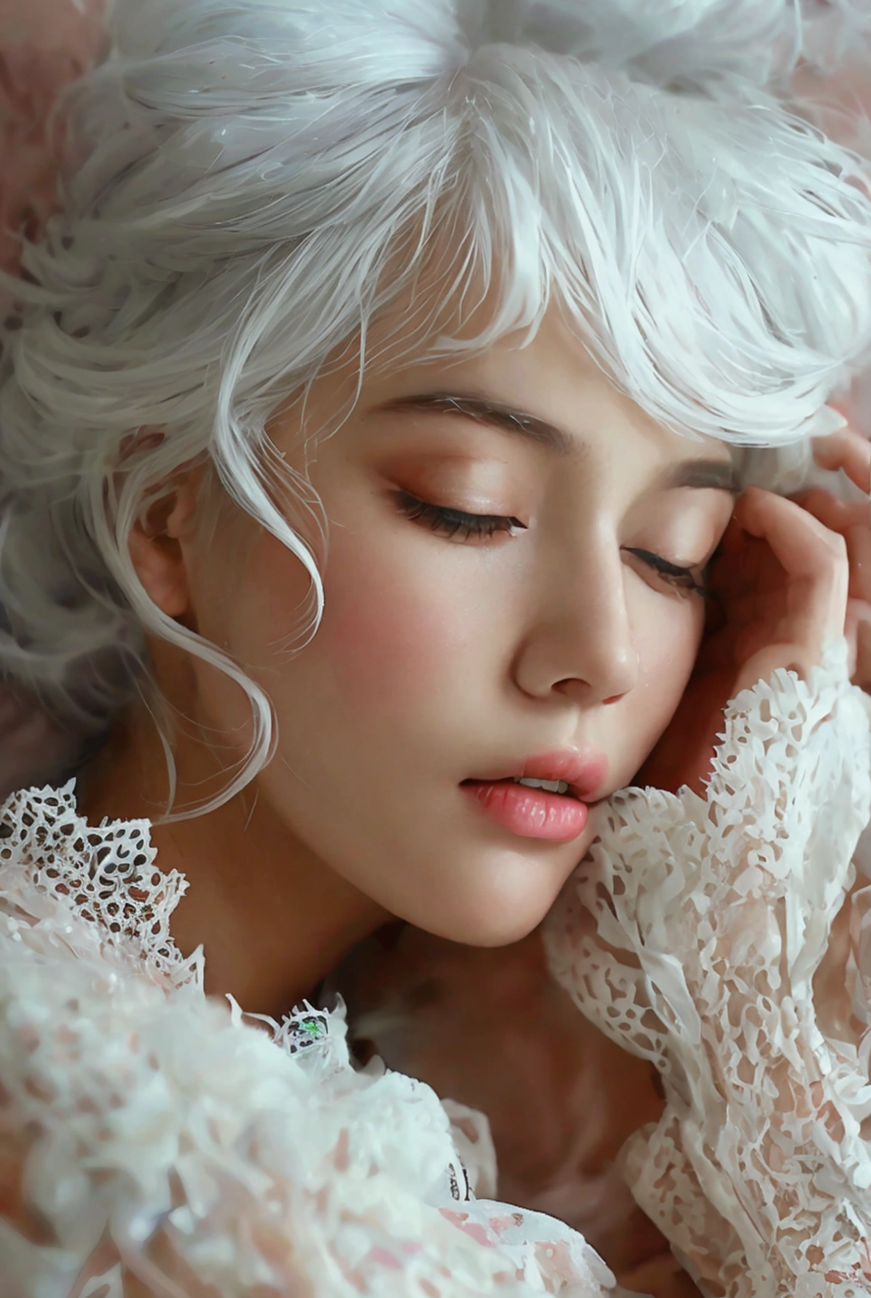 Woman with pastel WHITE hair, SLEEPY eyes with elegant clothes PERFECT IMAGE