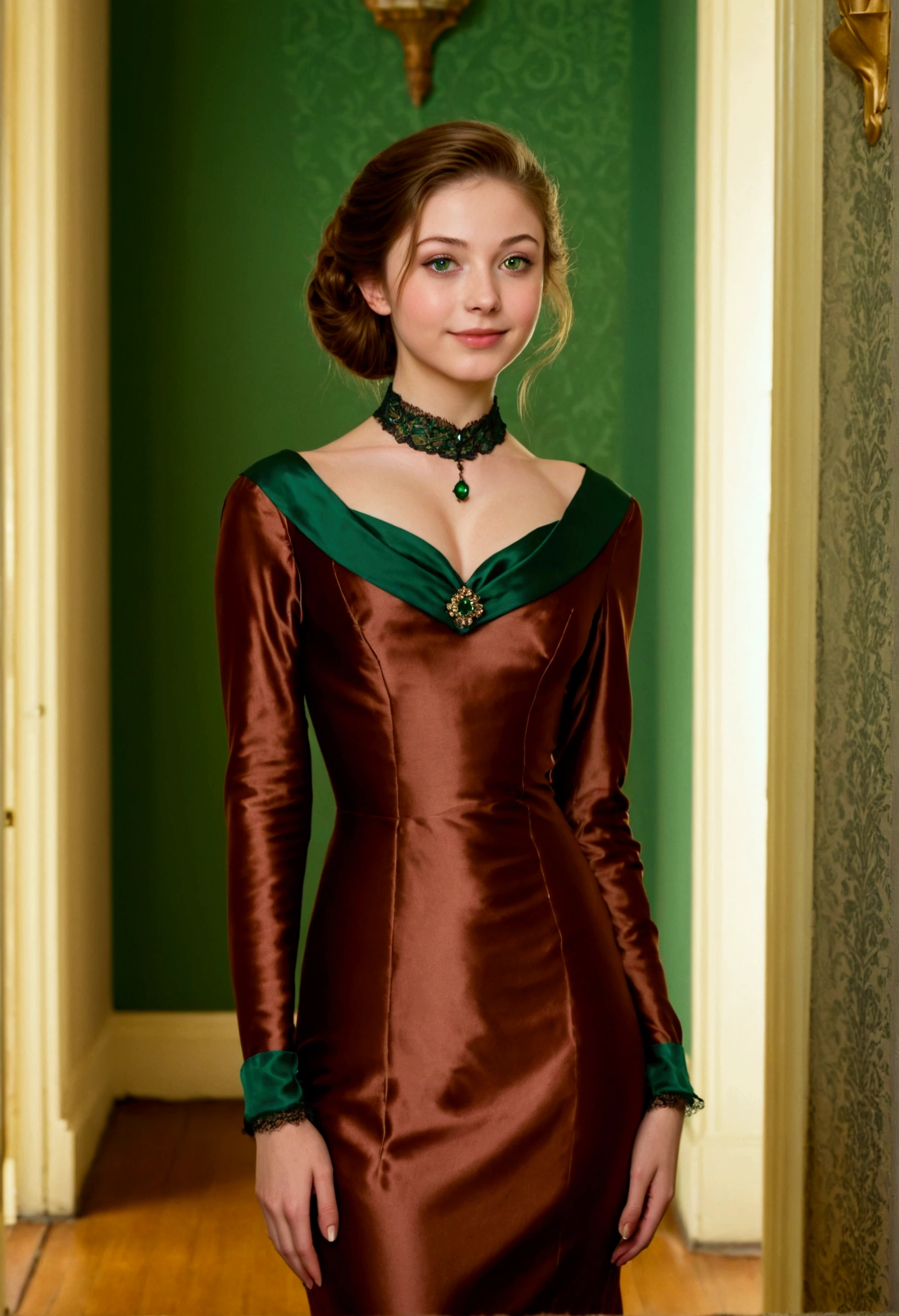 Young, 20 years, a slender beautiful girl stands in the hallway of a Victorian mansion. brown-haired, Hair gathered, a sly fox-like glance, Large, green eyes, Pointed nose, plump lips. Dressed in a brown silk dress with a modest neckline. Looking straight ahead and smiling cunningly. The room is darker.. less light