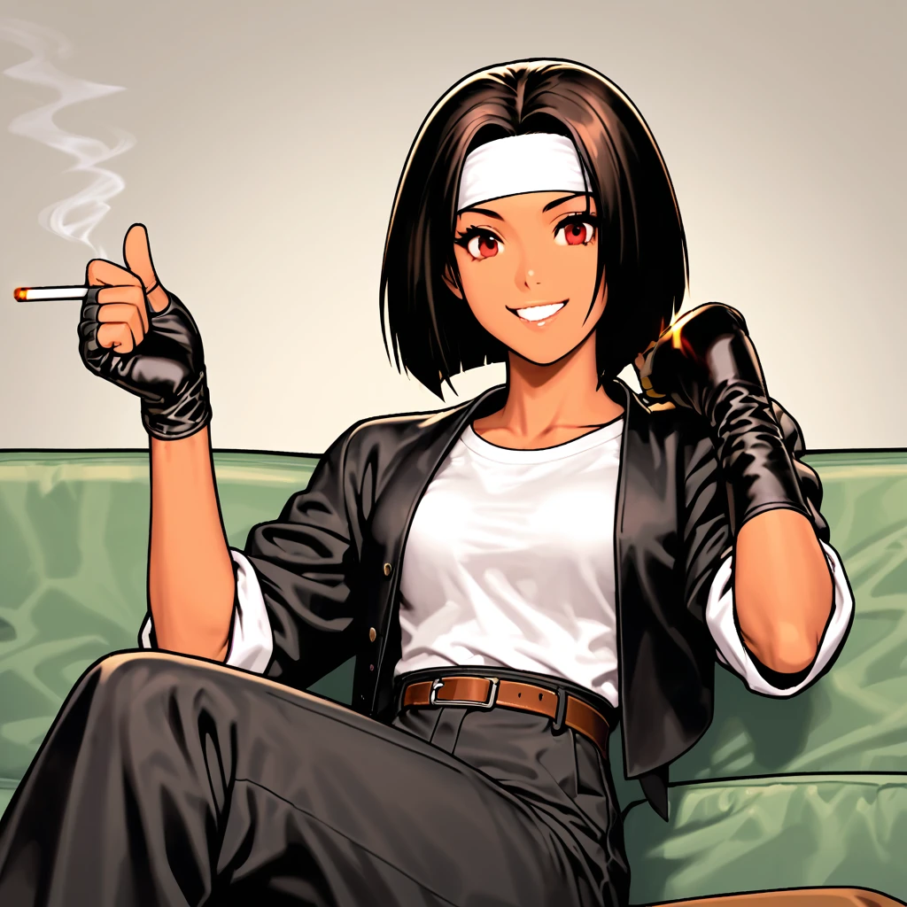 single,woman,shortcut,Black Hair,Dark Skin,Red eyes,Slightly large chest, ((Black jacket with rolled up sleeves)),(Fingerless gloves), White T-shirt, ((White headband)), Black trousers, White shoes, Brown belt, cute, Indoor-oriented, Charm, Highest quality, neat face, Clear, dark eyes, Sitting on the couch, relax, (Smoking a cigarette),Holding a cigarette in your right hand, Beautiful Japan, Smile and laugh. Her eyes are wide open, Her gaze is slightly downwards, And the mouth is half open,