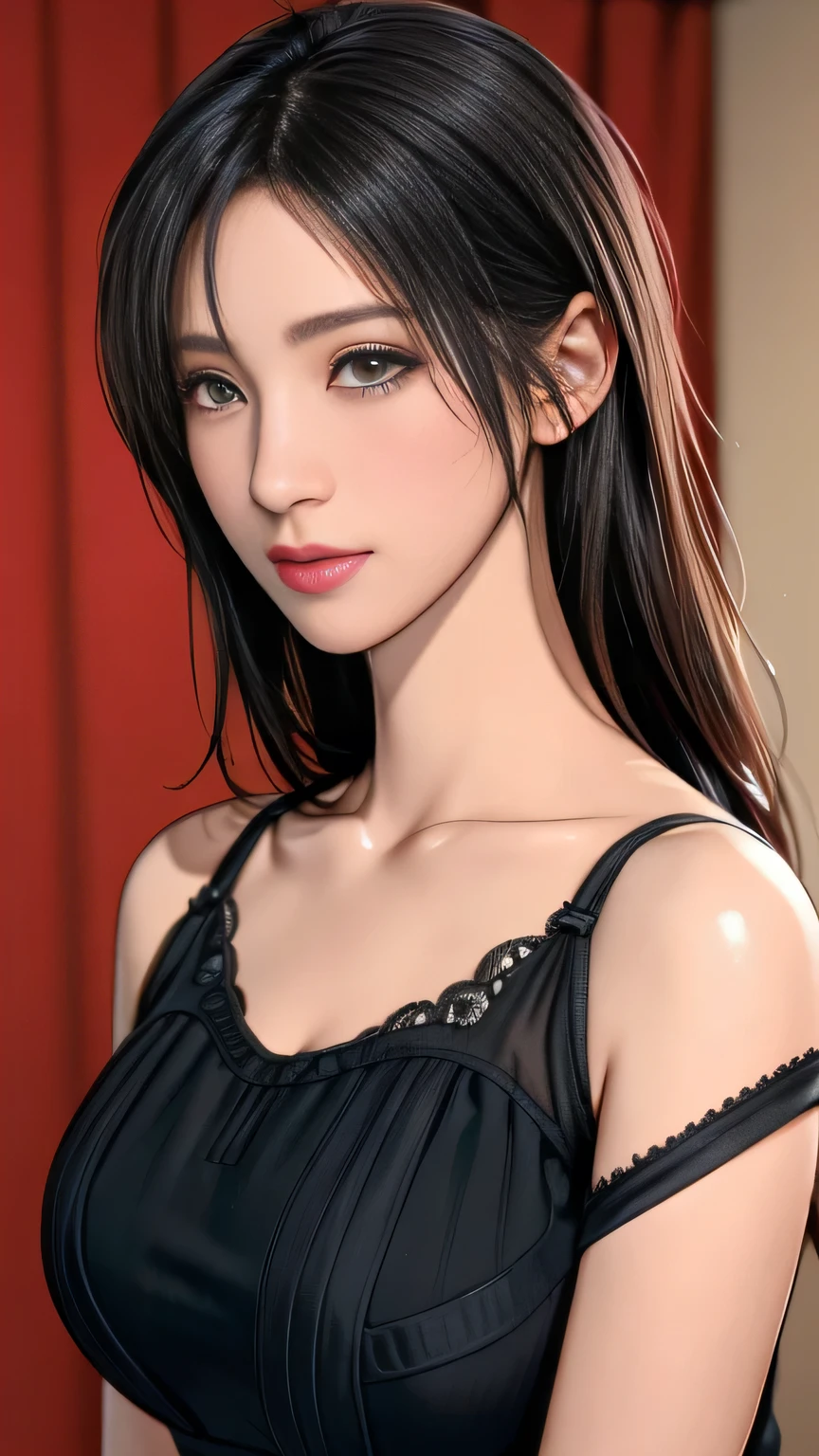 8k, detailed,Black Hair,Large Breasts, beautiful, beautiful顔.(8k, born.photograph, Highest quality, masterpiece:1.2), (Realistically, photographgraph realistic: 1.4), Ultra-high resolution.photographrealistic:.1.4,super high quality，lipstick，smile，Bun Hair, 顔にフォーカスしたクローズアップphotograph,