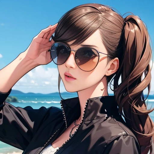 A girl , , one sunglasses , sunglasses on head, high-quality, detailed