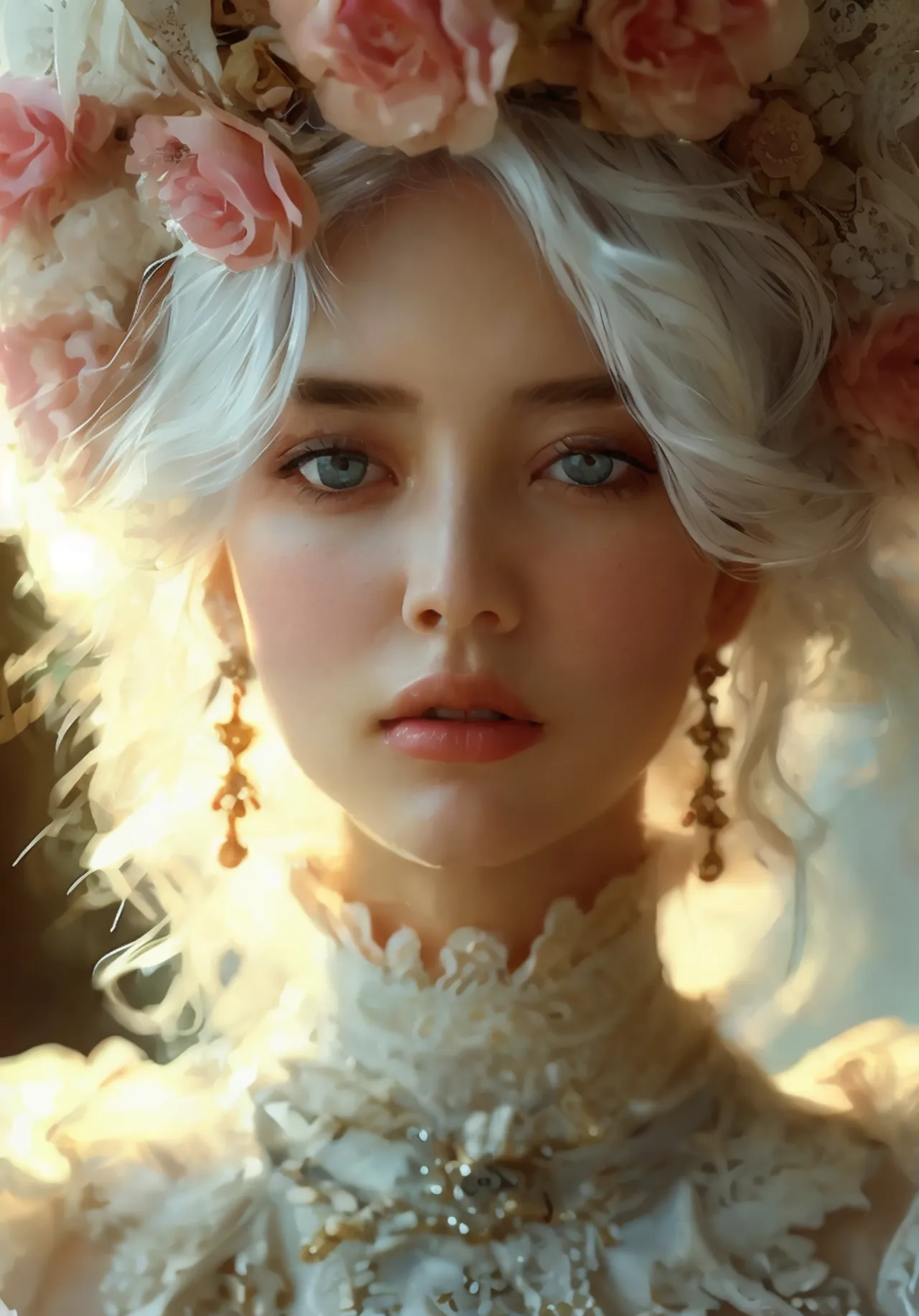 a woman with pastel white hair, sleepy eyes, elegant clothing, 1girl, photorealistic, cinematic lighting, detailed face, detaile...