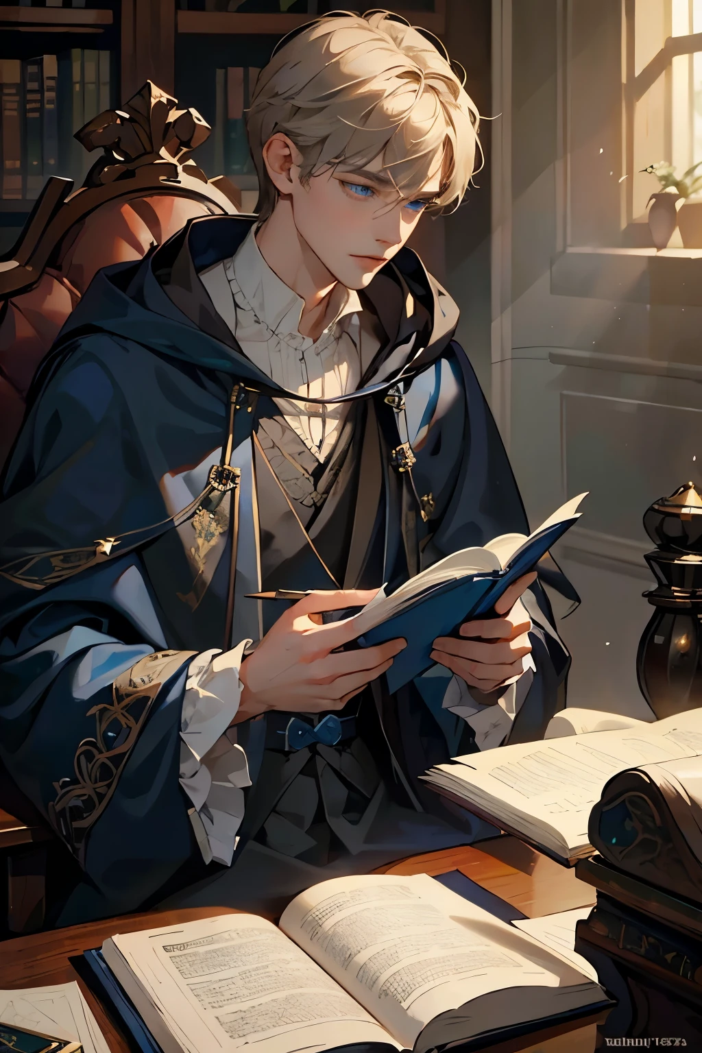 (masterpiece), best quality, expressive eyes, 18th century European male，magic師，sorcerer, Blue robe , Light brown hair，light hair,blue eyes，Bright Eyes，Thin lips，clever，Narrow shoulders, , short hair, curious, magic, Sitting at the desk, reading a book.
