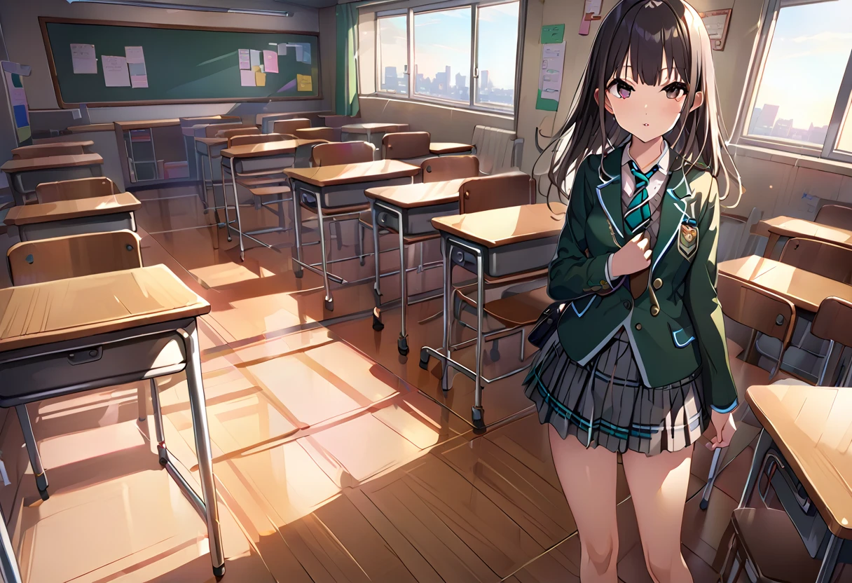 Shibuya Rin、solo、Highest Resolution、masterpiece、detailed、(((((Dark Eyes)))))、Medium breast、Standing in classroom、Full Body