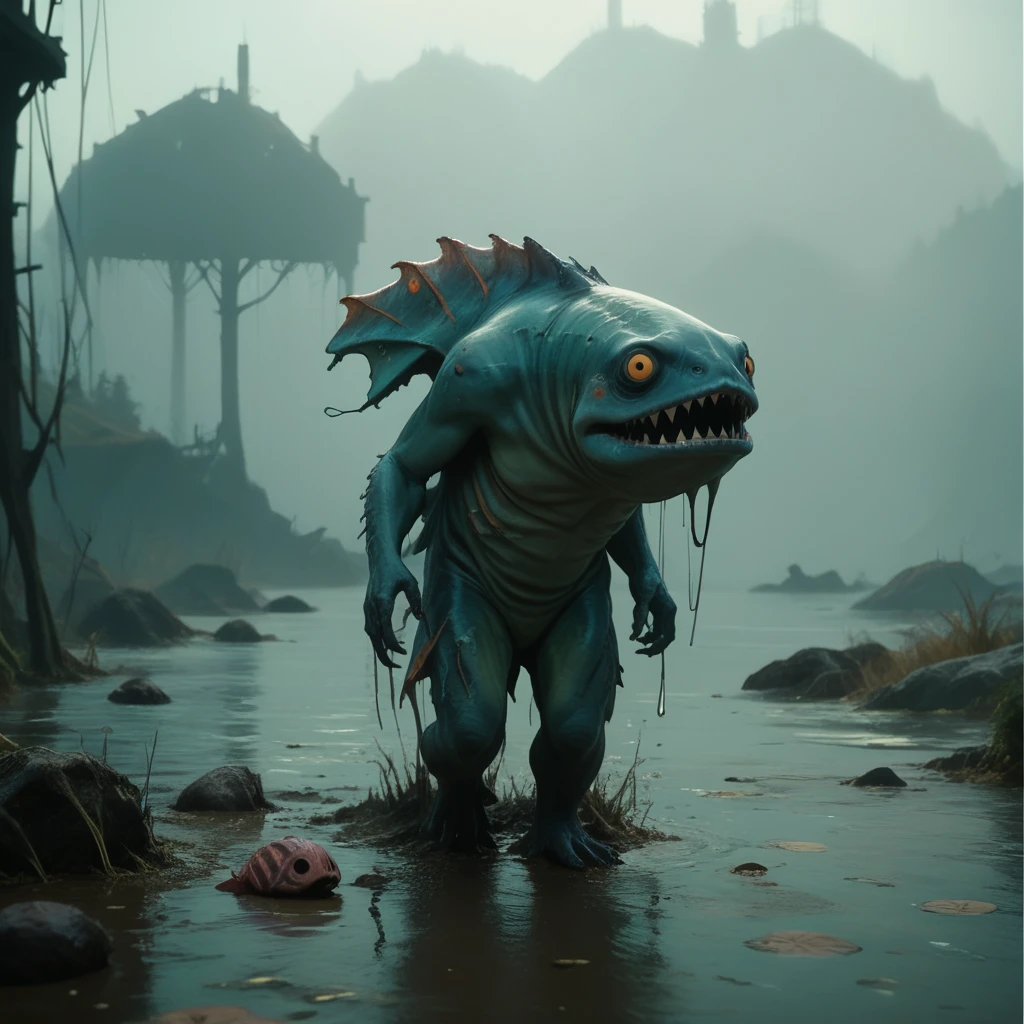 A fish creature walking through a muddy area, scary fish, scary sea monster, scary creature, swamp monster, realistic creature concept, monster ashore, from a 2 0 1 9 sci fi 8 k movie, aquatic creature, fish man, neil blomkamp film landscape, ps5 cinematic screen capture, the evil within monster, film still dnd