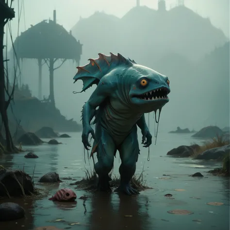 a fish creature walking through a muddy area, scary fish, scary sea monster, scary creature, swamp monster, realistic creature c...