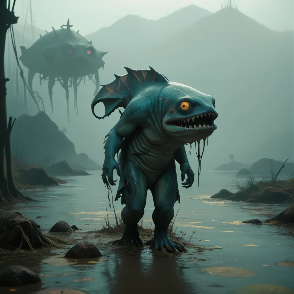 A fish creature walking through a muddy area, scary fish, scary sea monster, scary creature, swamp monster, realistic creature concept, monster ashore, from a 2 0 1 9 sci fi 8 k movie, aquatic creature, fish man, neil blomkamp film landscape, ps5 cinematic screen capture, the evil within monster, film still dnd