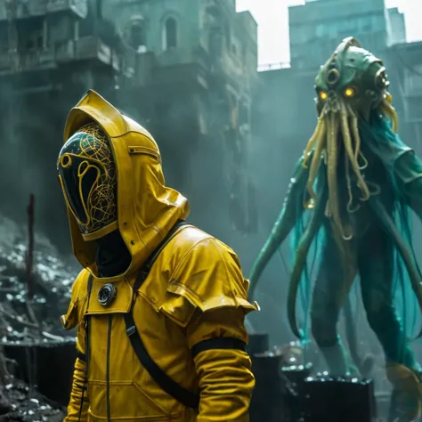 horror-themed,  in an ancient and mysterious city a person wearing a yellow helmet with yellow spikes on it carcosa city style, ...