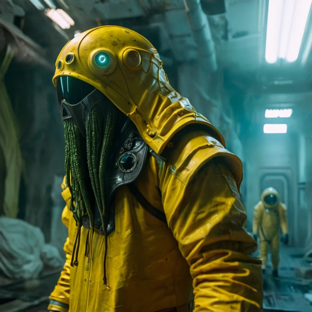 Horror-themed,  In an ancient and mysterious city a person wearing a yellow helmet with yellow spikes on it carcosa city style, Don Bluth Style ASTRONAUT Cthulhu yellow Toon Doll, full body RAW candid cinema, cyan hair, 16mm, color graded portra 400 film, Eerie, unsettling, dark, spooky, suspenseful, grim, highly detailed