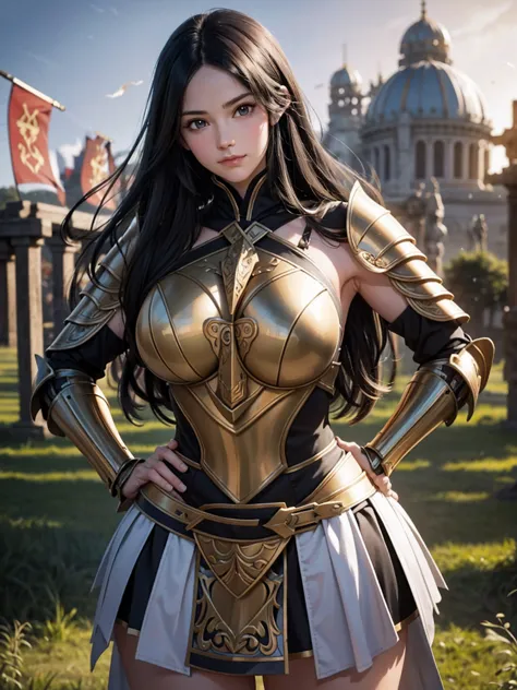 arwen, (ancient armor:1.2), metal skirt, fluttering hair, long wavy hair, long curl hair, thick thighs, muscle, (upper body from...