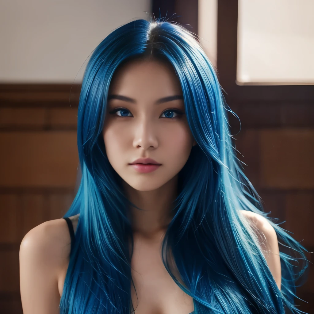 Belle fille, Asian model, 21 ans, model with electric blue hair, En regardant la caméra, woman with a beautiful face, long hair woman, Blue eyes