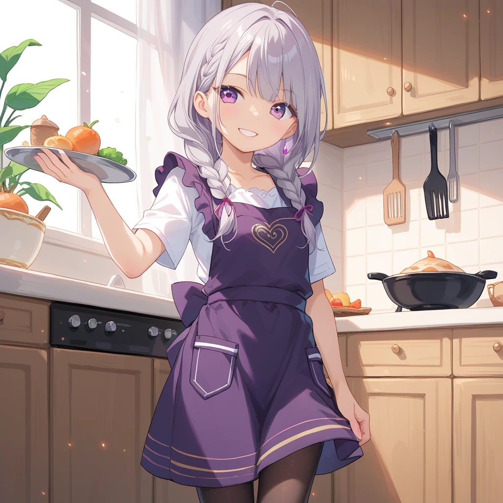 (((masterpiece))),(((best quality))),(((extremely detailed))), 1girl, solo, short girl, looking at viewer, proud smile, standing, (((long:1.4)) grey hair, braided ponytail, hair over shoulder), BREAK (very (((dark))) ((purple)) ((apron)) on top), (((long very ((dark)) purple dress))) black pantyhose, BREAK, indoors, kitchen, light particles