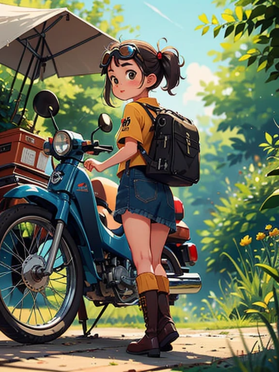 32K，UHD High Resolution，Octane Rendering，steampunk，(Hyper Detail: 1.2)，Girl riding a Super Cub、morning，morning靄，cute，Very short stature，Thin thighs，Loading a lot of luggage into a small yellow Super Cub，Short dress，Semi-long twin tail hair，Black Hair，goggles，Black boots，Super Cub Details，Head to the beach campsite，Medium shot from behind,