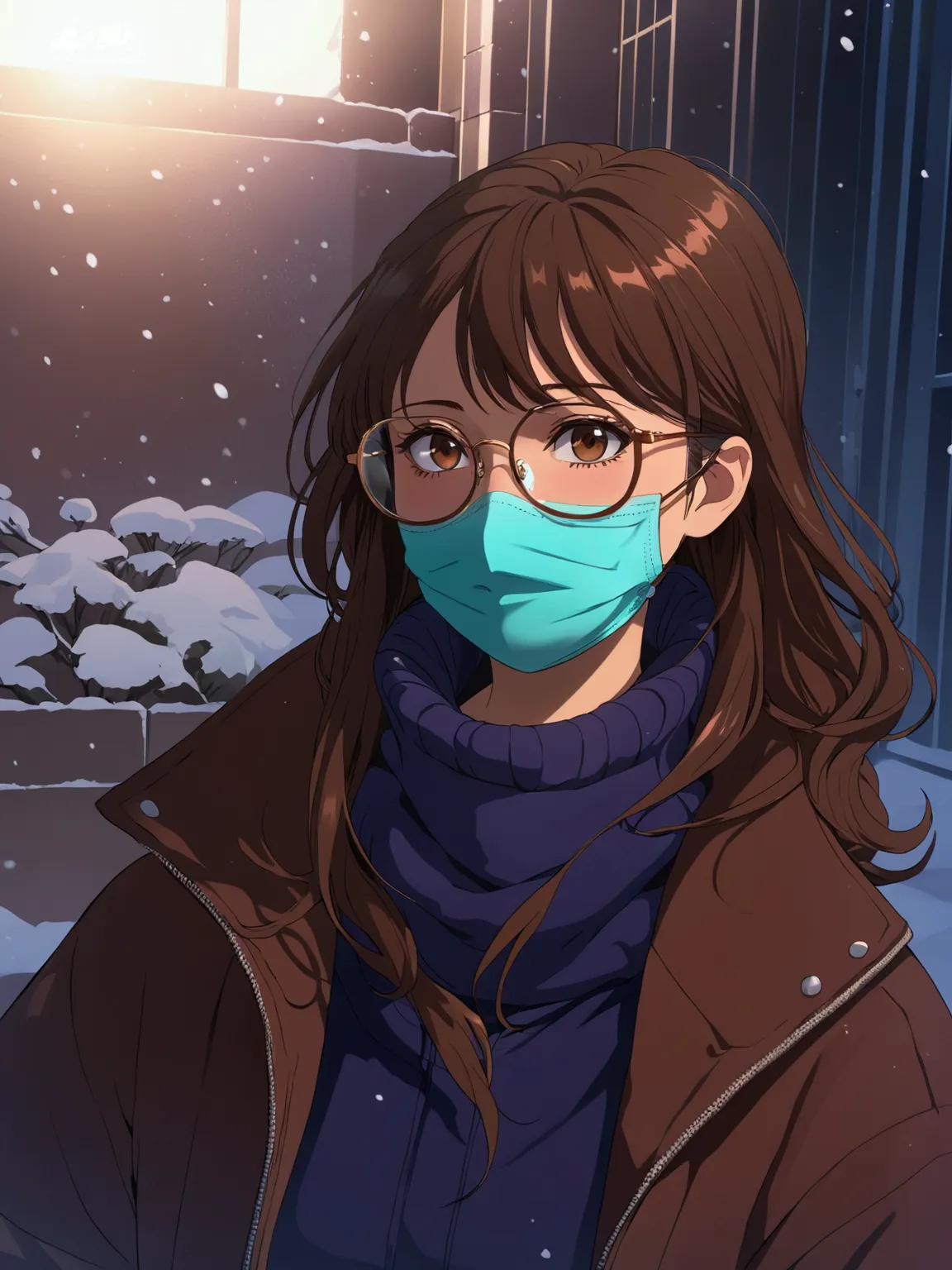 anime beautiful girl，glasses，face mask，cold，high and cold，brown hair，anime characters