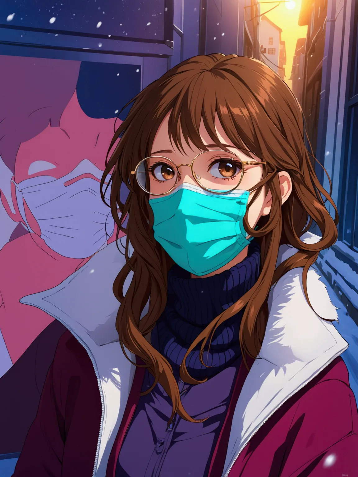 anime beautiful girl，glasses，face mask，cold，high and cold，brown hair，anime characters