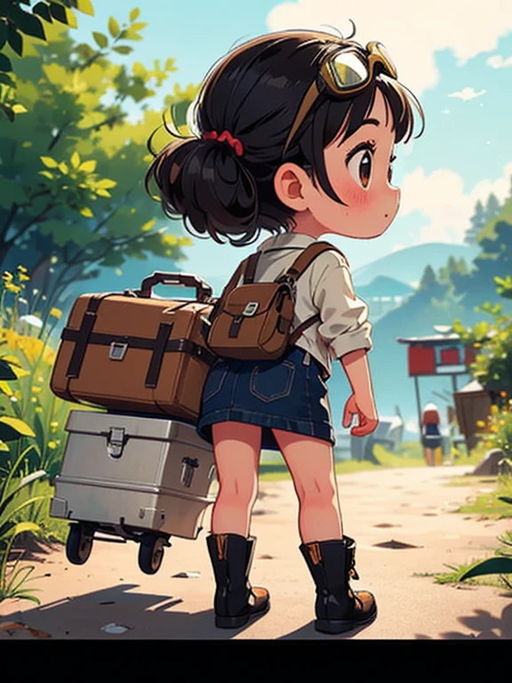 32K，UHD High Resolution，Octane Rendering，steampunk，(Hyper Detail: 1.2)，Girl riding a Super Cub、morning，morning靄，cute，Very short stature，Thin thighs，Loading a lot of luggage into a small yellow Super Cub，Short dress，Semi-long twin tail hair，Black Hair，goggles，Black boots，Super Cub Details，Head to the beach campsite，Medium shot from behind,