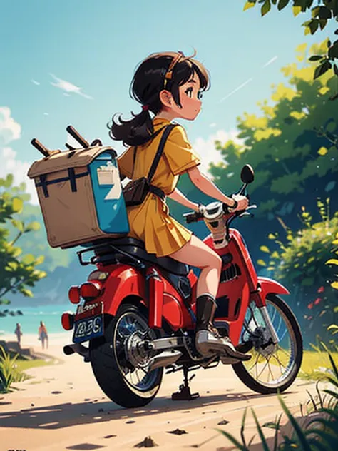 32k，uhd high resolution，octane rendering，steampunk，(hyper detail: 1.2)，girl riding a super cub、morning，morning靄，cute，very short ...