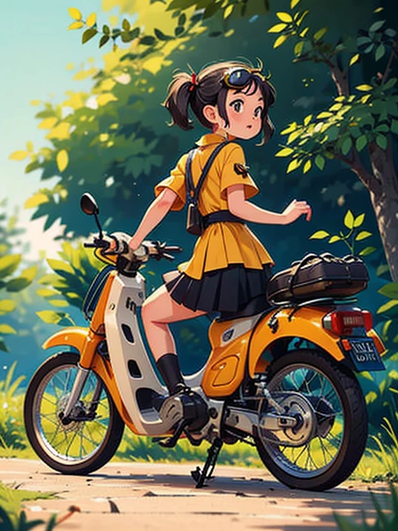 32K，UHD High Resolution，Octane Rendering，steampunk，(Hyper Detail: 1.2)，Girl riding a Super Cub、morning，morning靄，cute，Very short stature，Thin thighs，Loading a lot of luggage into a small yellow Super Cub，Short dress，Semi-long twin tail hair，Black Hair，goggles，Black boots，Super Cub Details，Head to the beach campsite，Medium shot from behind,