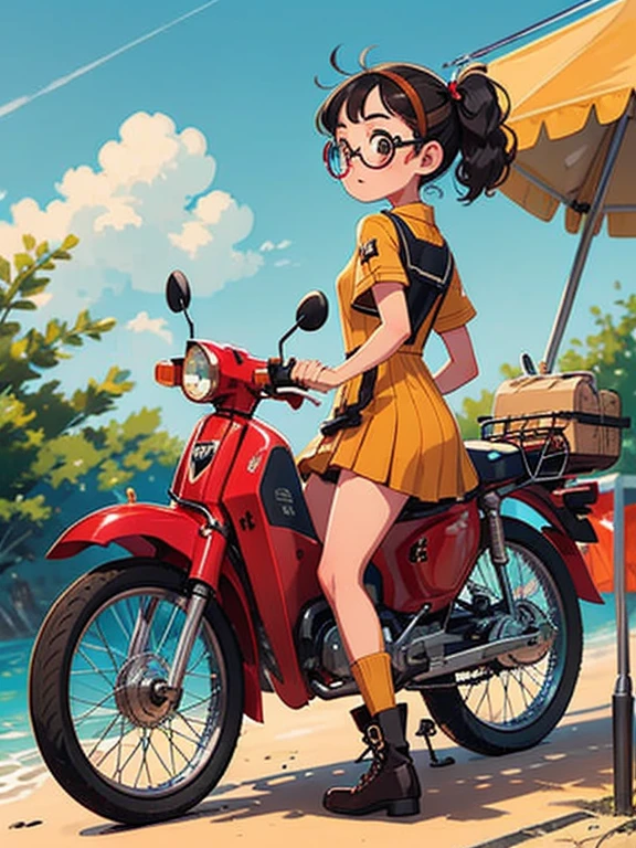 32K，UHD High Resolution，Octane Rendering，steampunk，(Hyper Detail: 1.2)，Girl riding a Super Cub、morning，morning靄，cute，Very short stature，Thin thighs，Loading a lot of luggage into a small yellow Super Cub，Short dress，Semi-long twin tail hair，Black Hair，goggles，Black boots，Super Cub Details，Head to the beach campsite，Medium shot from behind,