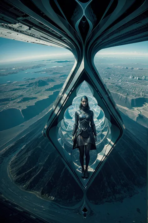 a mysterious surreal world seen from above with strangers in futuristic clothing wandering among the population. use sacred geom...