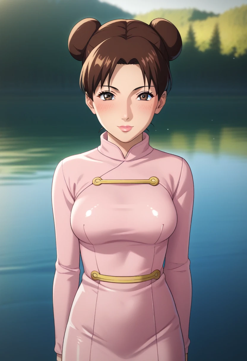 score_9,score_8_up,score_7_up,score_6_up,score_5_up,score_4_up BREAK skinny, medium breasts ,shiny skin,bokeh,bloom,light particles, outdoors, river,1girl, clear eyes, Tenten, brown hair with two buns, brown eyes, medium lips, pink lips, mature female, ((perfect model body)), blush, ((pink Chinese tight dress)), seductive pose, 