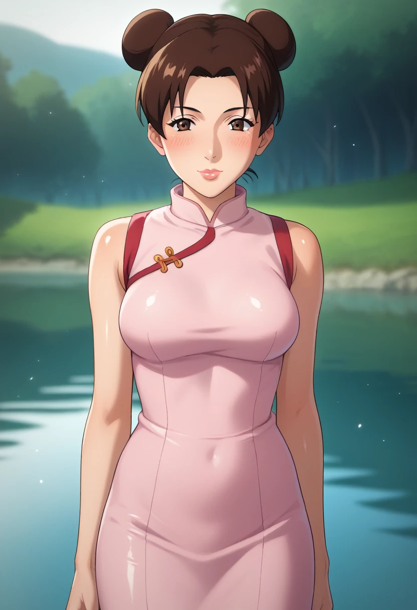 score_9,score_8_up,score_7_up,score_6_up,score_5_up,score_4_up BREAK skinny, medium breasts ,shiny skin,bokeh,bloom,light particles, outdoors, river,1girl, clear eyes, Tenten, brown hair with two buns, brown eyes, medium lips, pink lips, mature female, ((perfect model body)), blush, ((pink Chinese tight dress)), seductive pose, 