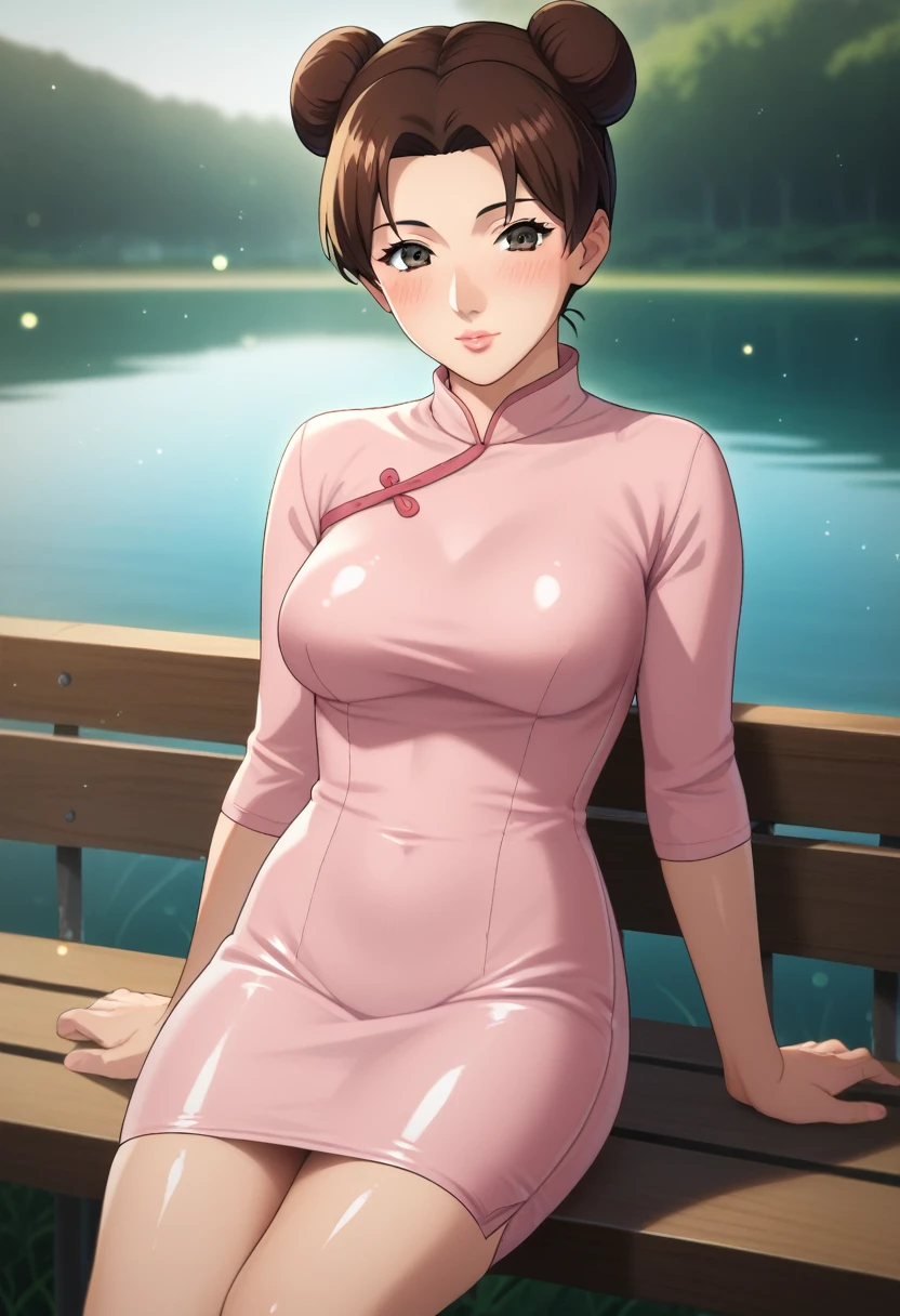 score_9,score_8_up,score_7_up,score_6_up,score_5_up,score_4_up BREAK skinny, medium breasts ,shiny skin,bokeh,bloom,light particles, outdoors, river,1girl, clear eyes, Tenten, brown hair with two buns, brown eyes, medium lips, pink lips, mature female, ((perfect model body)), blush, ((pink Chinese tight dress)), seductive pose, sitting on the bench and touching lips