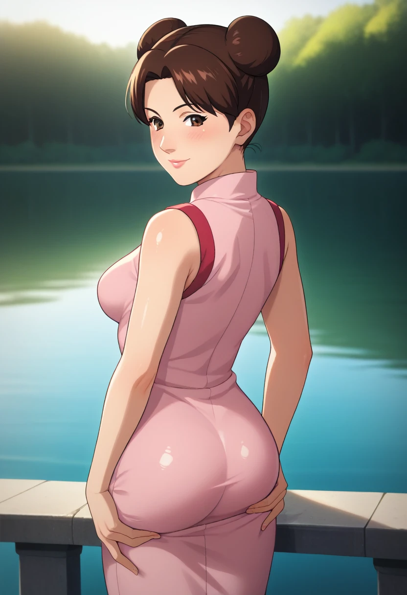 score_9,score_8_up,score_7_up,score_6_up,score_5_up,score_4_up BREAK skinny, medium breasts ,shiny skin,bokeh,bloom,light particles, outdoors, river,1girl, clear eyes, Tenten, brown hair with two buns, brown eyes, medium lips, pink lips, mature female, ((perfect model body)), blush, ((pink Chinese tight dress)), seductive pose, pumped up ass, grabbing ass, looking back, naughty smile