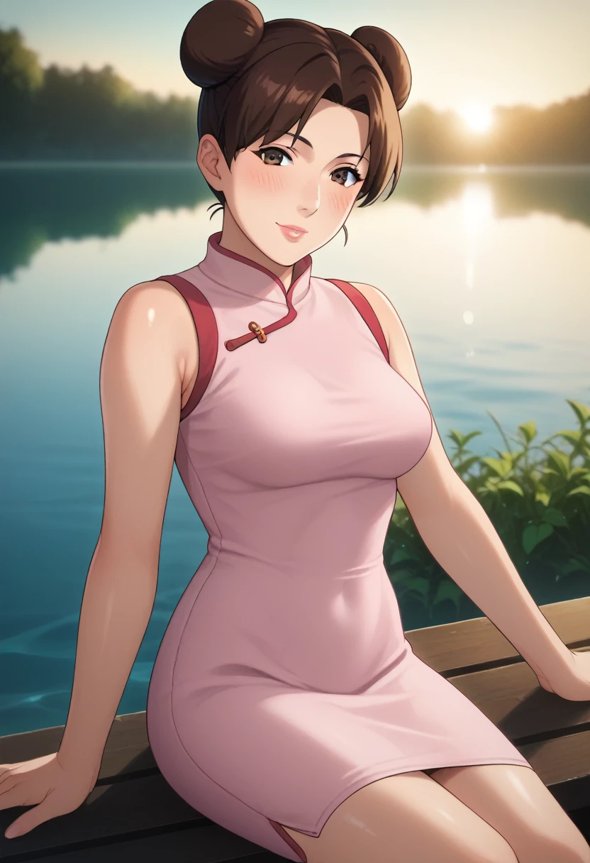 score_9,score_8_up,score_7_up,score_6_up,score_5_up,score_4_up BREAK skinny, medium breasts ,shiny skin,bokeh,bloom,light particles, outdoors, river,1girl, clear eyes, Tenten, brown hair with two buns, brown eyes, medium lips, pink lips, mature female, ((perfect model body)), blush, ((pink Chinese tight dress)), seductive pose, sitting on the bench and touching lips with her finger