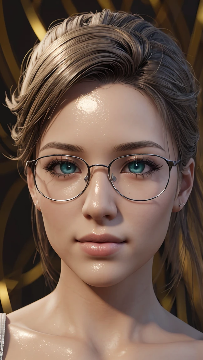 woman in meow fashion,portrait,big green eyes,nice smile, metal frame glasses, masterpiece,8 K,top quality,trending at the art station. (masterpiece, top quality, Best quality, official art, beautiful and aesthetically pleasing:1.2), extremely detailed,(fractal art:1.2),colorful,The most detailed, (dynamic pose), (abstract background:1.5), (Many colors:1.4). ((split. skin texture, Shiny skin. elegance. photorealism. unreal engine. 3D model. Ultra high quality textures. high detail. permission 8k))