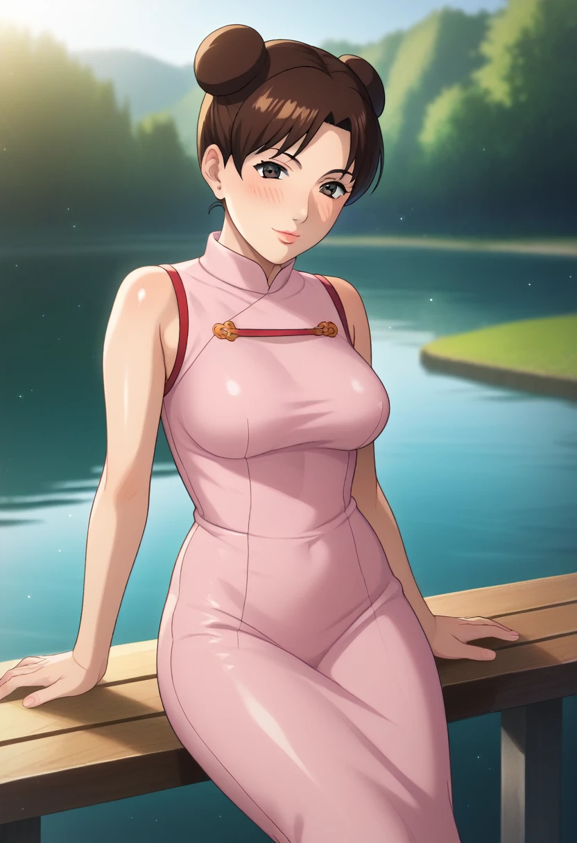 score_9,score_8_up,score_7_up,score_6_up,score_5_up,score_4_up BREAK skinny, medium breasts ,shiny skin,bokeh,bloom,light particles, outdoors, river,1girl, clear eyes, Tenten, brown hair with two buns, brown eyes, medium lips, pink lips, mature female, ((perfect model body)), blush, ((pink Chinese tight dress)), seductive pose, sitting on the bench and touching lips with her finger, finger touching lips