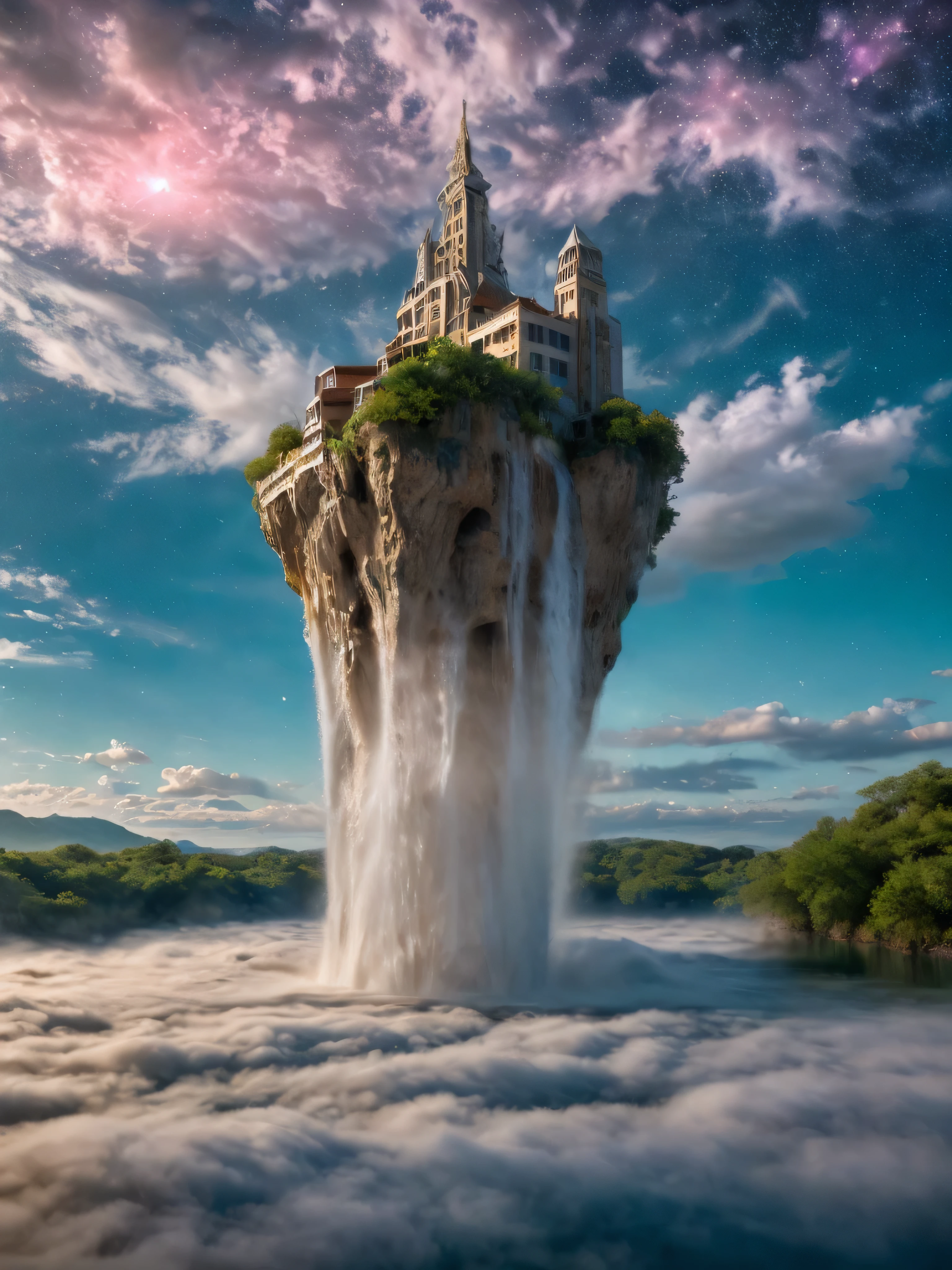 (8k, highest quality, masterpiece, final fantasy style: 1.2), (unRealistic, photoRealistic: 1.37), Dreamy landscape, Fantasy, Unsurreal landscapes, Super detailed, Flying Castle, Floating Island in the Sky, Seven-colored swirl of light, Intense lightning, milky way, Complex Light, Colored light, Large Lake, Starry sky reflected on the lake surface, Countless shining stars, Meteors,  Reflections , (A pillar of light emanated from the ground:1,2), (((roses and orchids gardens , bright day , pink clouds, waterfalls in the sky, realistic style, Hyperrealism drawing, a flying pirate spaceship floating above the  clouds)))) , burning skyscrapers, , timeless realms, stunning  princess  ,  casting spell, healing light magic effect, in a magical lagoon of the fairyland, crystal clear water surface reflections, sharp focus, looking at viewer, (close-up:0.9), (bright white theme:1.2), (bright white tone:1.2), (deep blue tone:1.3),((( realistic, Hyperrealism, vivid colours , landscapes , alien cyborgs , science fiction themes))), 