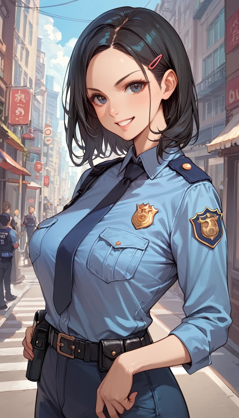 (score_8, score_8_up,masterpiece,highest quality,Perfect Anatomy,Exquisite detailed)(realistic:1.3)1 girl,turime(Athletic:0.8)large breasts(sagging breasts:0.6)v-shaped eyebrows,black hair,medium hair,straight hair,parted bangs,hair clip,Police uniform,fully clothed,smile,city