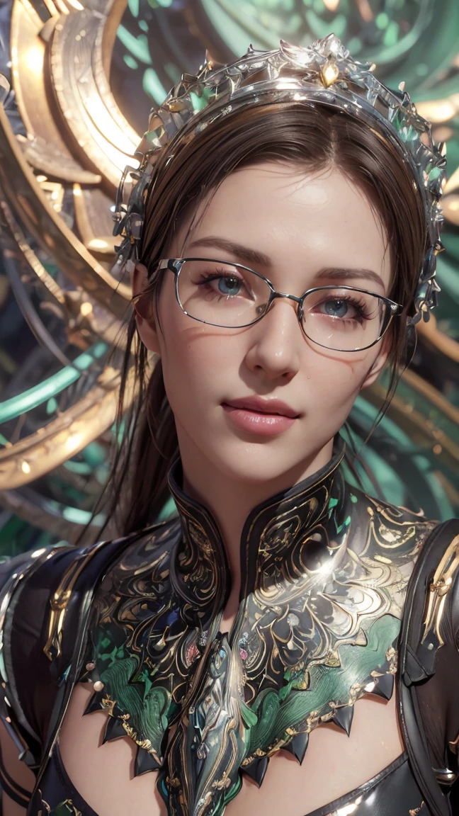 woman in meow fashion,portrait,big green eyes,nice smile, metal frame glasses, masterpiece,8 K,top quality,trending at the art station. (masterpiece, top quality, Best quality, official art, beautiful and aesthetically pleasing:1.2), extremely detailed,(fractal art:1.2),colorful,The most detailed, (dynamic pose), (abstract background:1.5), (Many colors:1.4). ((split. skin texture, Shiny skin. elegance. photorealism. unreal engine. 3D model. Ultra high quality textures. high detail. permission 8k))