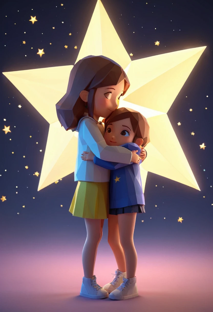 lowpoly, a girl hugging a star, lowpoly, cinematic lighting, octane render, epic realistic, low poly count, stnad up, full body, no background