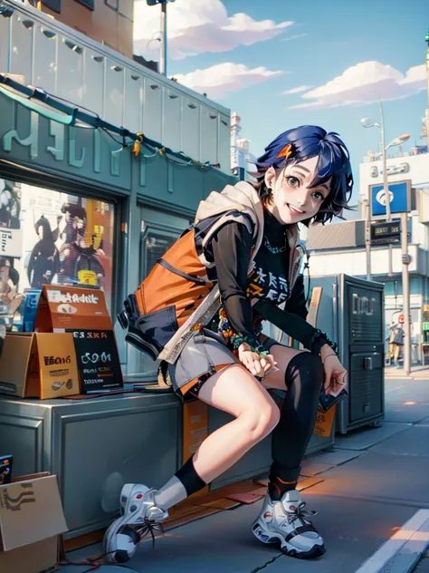 [1 cute anime girl with short blue hair], [wearing tshirt, jacket, skirt, long socks, tennis shoes], [smiling in city scape, day...