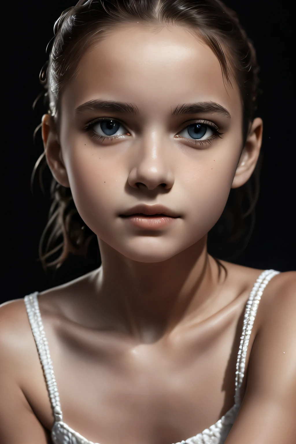 12 year old eleonora , girl ,full body, professional, photoshoot Best quality, masterpiece, ultra high res, (photorealistic:1.4), raw photo, 1girl, offshoulder, in the dark, deep shadow, low key, cold light, detailed skin, casual dress, Masterpiece, Superb Clothing, (White Skin), (Dark Circles), Handsome, , Toast, Trend, Dark Gray,, Close Up, (Grand Background), (Chiaroscuro)), Fine Face Details, Facial Details, Cinematic Lighting, (Depth of Field), UHD, (Upper Body), Black Background