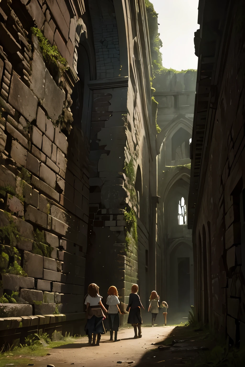 two nine-year-old girls and a fifteen-year-old girl explore a ruined abbey, dark atmosphere, spooky place, darkness, eerie shadows, ancient ruined medieval frescoes on the walls, wearing trousers and boots