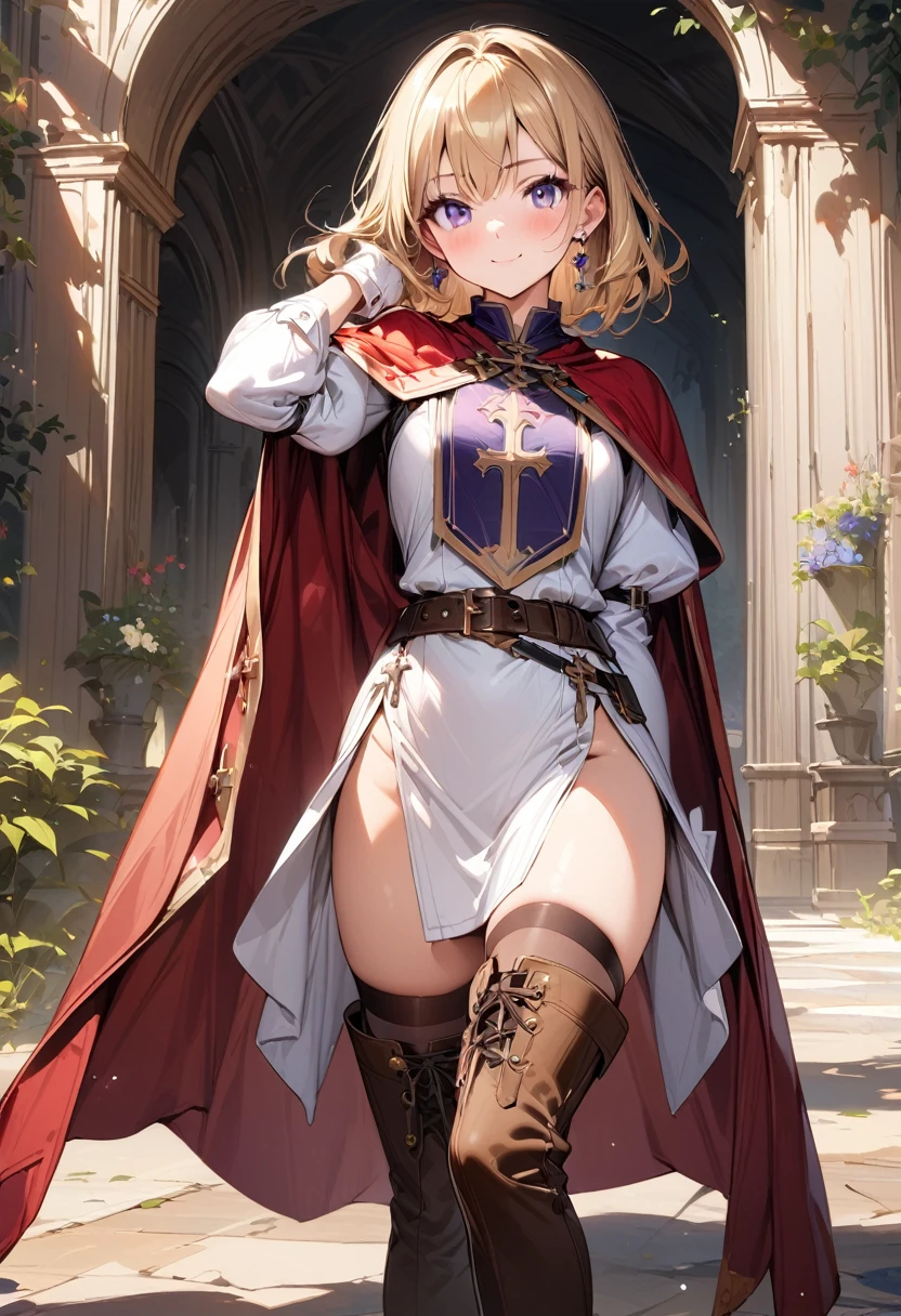 (masterpiece),(best quality),(ultra-detailed),(best illustration),(best shadow),(absurdres),(detailed background),(very aesthetic), 1girl, solo, smile, boots, blonde-hair, purple-eyes, gloves, looking-at-viewer, thighhighs, full-body, cape, white-gloves, dress, red-cape, closed-mouth, white-dress, side-slit, book, long-sleeves, simple-background, standing, brown-thighhighs, brown-footwear, outline, belt, knee-boots, cross, jewelry, juliet-sleeves, tabard, medium-hair, earrings, blush, hand-in-own-hair, puffy-sleeves
