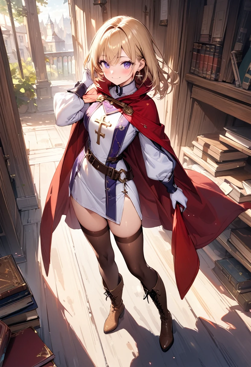 (masterpiece),(best quality),(ultra-detailed),(best illustration),(best shadow),(absurdres),(detailed background),(very aesthetic), 1girl, solo, smile, boots, blonde-hair, purple-eyes, gloves, looking-at-viewer, thighhighs, full-body, cape, white-gloves, dress, red-cape, closed-mouth, white-dress, side-slit, book, long-sleeves, simple-background, standing, brown-thighhighs, brown-footwear, outline, belt, knee-boots, cross, jewelry, juliet-sleeves, tabard, medium-hair, earrings, blush, hand-in-own-hair, puffy-sleeves
