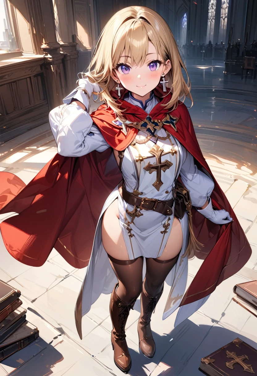 (masterpiece),(best quality),(ultra-detailed),(best illustration),(best shadow),(absurdres),(detailed background),(very aesthetic), 1girl, solo, smile, boots, blonde-hair, purple-eyes, gloves, looking-at-viewer, thighhighs, full-body, cape, white-gloves, dress, red-cape, closed-mouth, white-dress, side-slit, book, long-sleeves, simple-background, standing, brown-thighhighs, brown-footwear, outline, belt, knee-boots, cross, jewelry, juliet-sleeves, tabard, medium-hair, earrings, blush, hand-in-own-hair, puffy-sleeves
