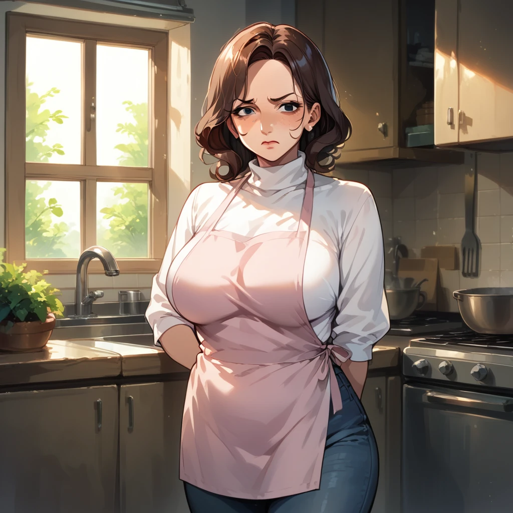 MILF Tsundere, wearing a pink turtleneck sweater, black denim pants and an apron, she's at a door