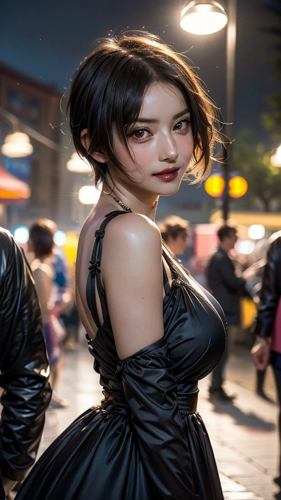 ((Beautiful Face:1.4)), (Purelos Face_v1: 1.0), Highest quality, One person, (Skin Dentition), (Huge breasts:1.0), (Blur the background:0.6), At a crowded amusement park, (Casual yet stylish, Elegant fabric,fローラl dress:1.5 ), nice, (short hair:1.5), Soft lighting, Wind, (Front light:1.5), surprised, 