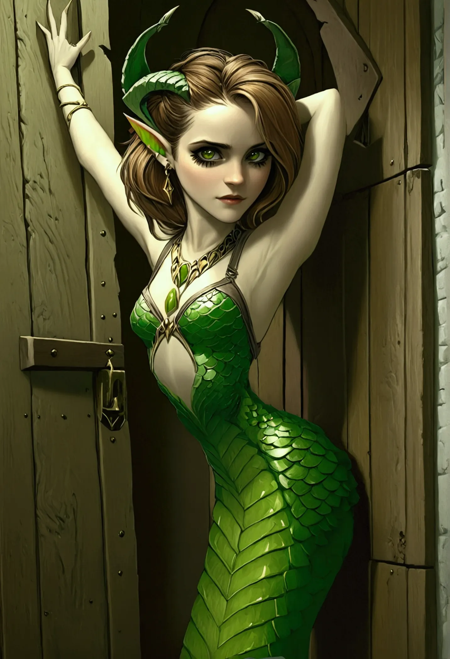 lamia, solo, emma watson, demon horns, pointy ears, one hand holding doorframe, broken door, wooden door, one hand on hip, halte...