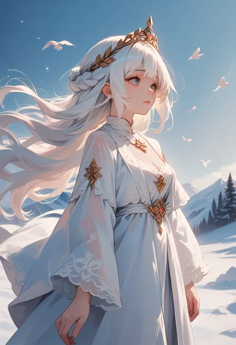 anime girl with long white hair and blue dress in the snow, white-haired deity, white hair floating in the air, anime fantasy il...